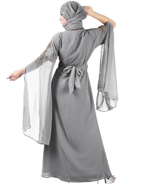 Muslim Grey Georgette Pearl Embroidery Kaftan