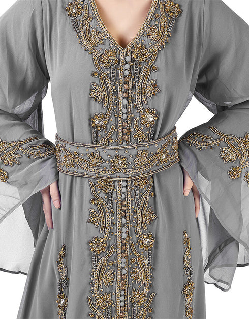 Arabic Grey Georgette Pearl Embroidery Kaftan
