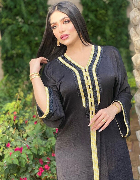 Elegant Jalabiya Black Satin Abaya Dubai Evening Party Dresses For Women