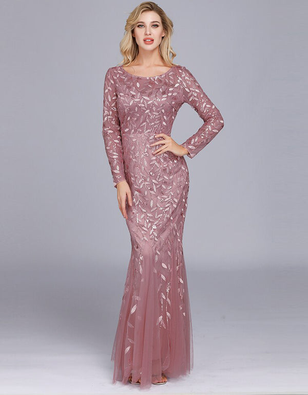 Elegant Plus Size O Neck Full Sleeve Evening Dress