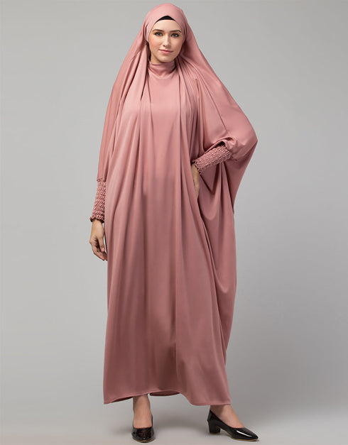 Arabic Smoking Sleeve Tie at Back Ready To Wear Instant Full Size knits JiIbab In Mouve pink Front View