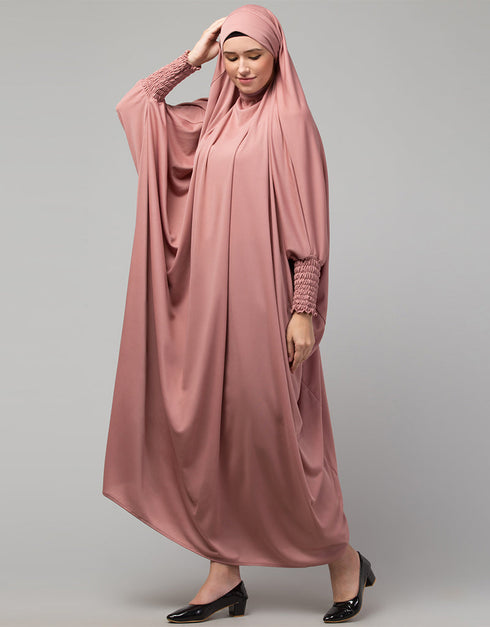 Arabic Smoking Sleeve Tie at Back Ready To Wear Instant Full Size knits JiIbab In Mouve pink Back View
