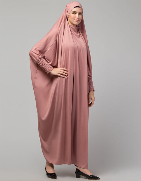 Arabic Smoking Sleeve Tie at Back Ready To Wear Instant Full Size knits JiIbab In Mouve pink Close-up View