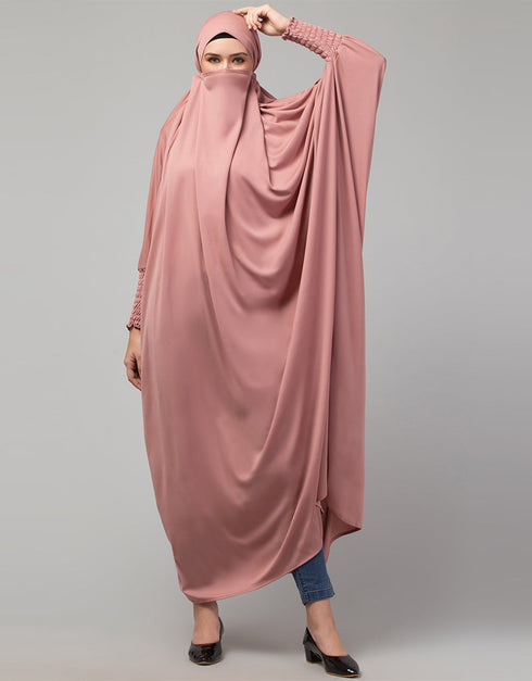 Arabic Smoking Sleeve Tie at Back Ready To Wear Instant Full Size knits JiIbab In Mouve pink Front View