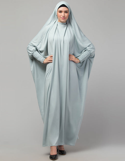 Islamic Smoking Sleeve Tie at Back Ready To Wear Instant Full Size knits JiIbab In Sky sage Front View