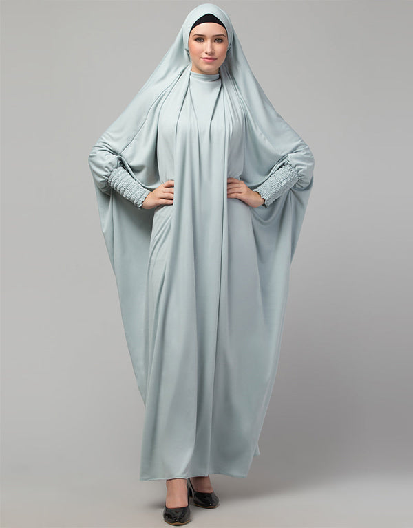 Islamic Smoking Sleeve Tie at Back Ready To Wear Instant Full Size knits JiIbab In Sky sage Front View