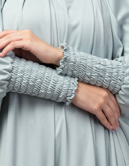 Islamic Smoking Sleeve Tie at Back Ready To Wear Instant Full Size knits JiIbab In Sky sage Back View