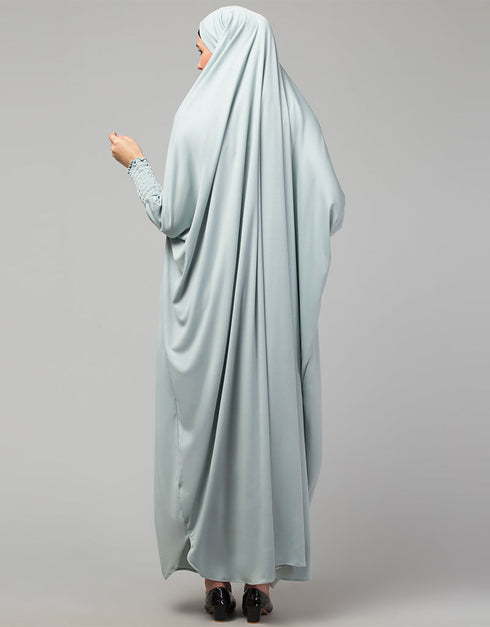 Islamic Smoking Sleeve Tie at Back Ready To Wear Instant Full Size knits JiIbab In Sky sage Front View