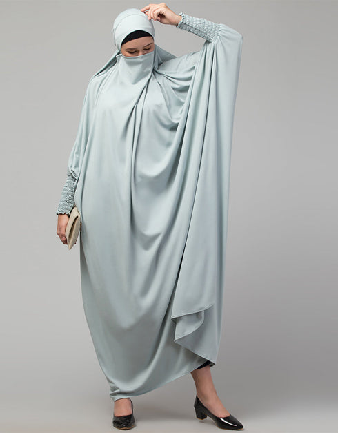 Islamic Smoking Sleeve Tie at Back Ready To Wear Instant Full Size knits JiIbab In Sky sage Side View