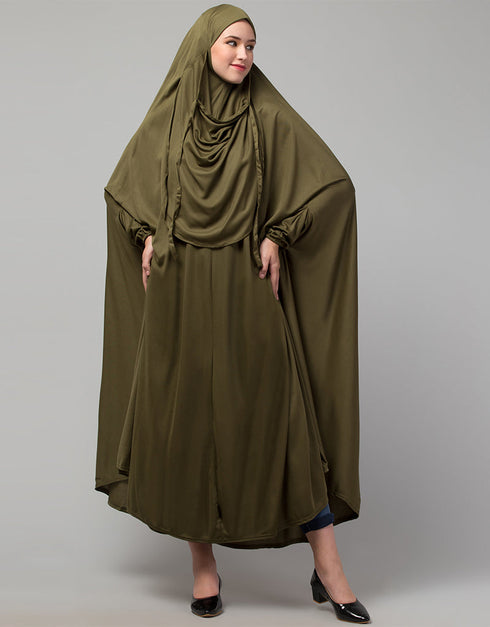 Chic Olive Extra Nose Piece Head To Toe Free Size Jilbab Prayer hijab for hajj and umrah Front View