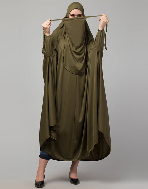 Chic Olive Extra Nose Piece Head To Toe Free Size Jilbab Prayer hijab for hajj and umrah Front View