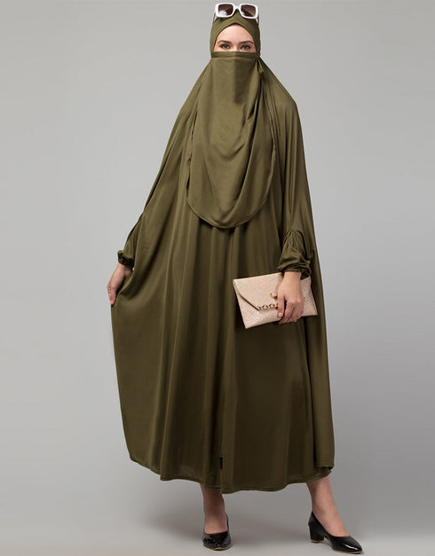 Chic Olive Extra Nose Piece Head To Toe Free Size Jilbab Prayer hijab for hajj and umrah Close-up View