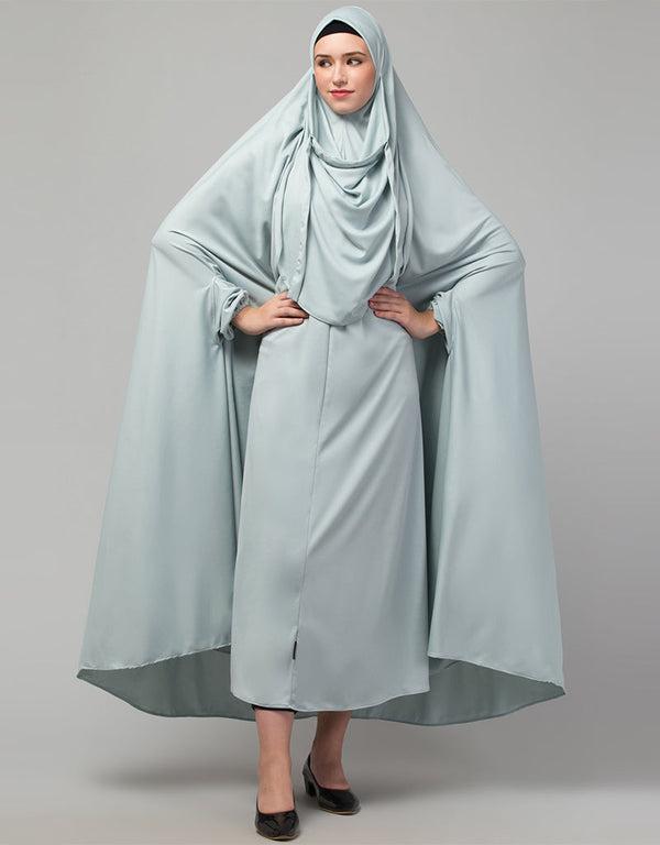 Trendy Sky Blue Extra Nose Piece Head To Toe Free Size Jilbab Prayer hijab for hajj and umrah Front View