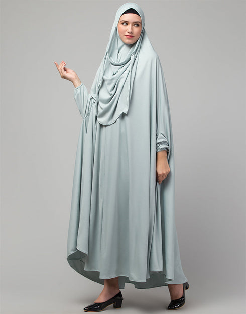 Trendy Sky Blue Extra Nose Piece Head To Toe Free Size Jilbab Prayer hijab for hajj and umrah Front View