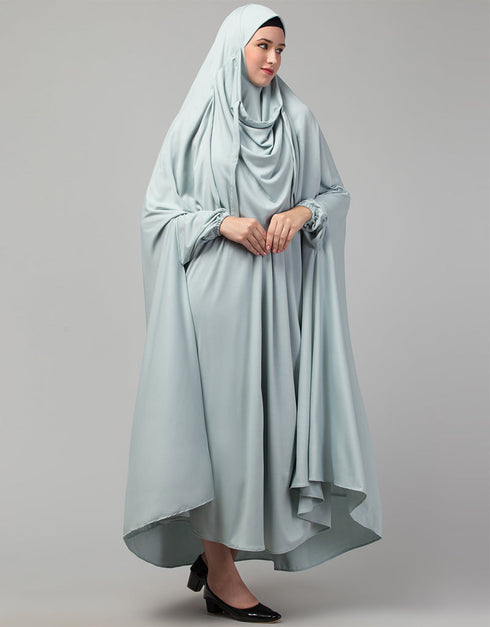 Trendy Sky Blue Extra Nose Piece Head To Toe Free Size Jilbab Prayer hijab for hajj and umrah Back View
