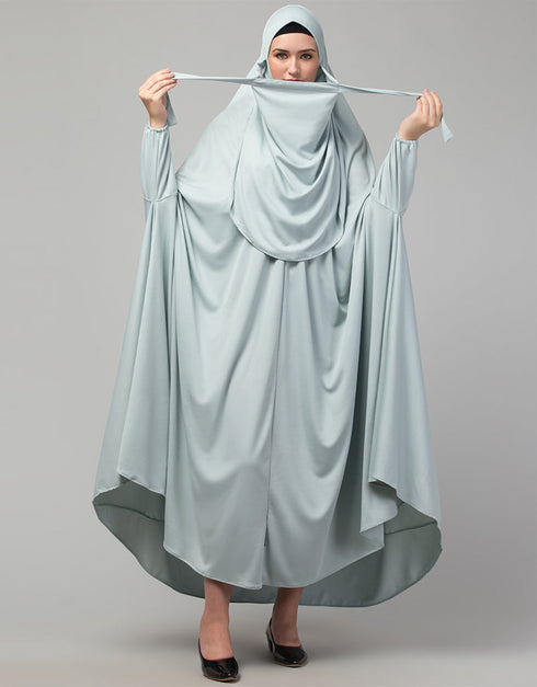 Trendy Sky Blue Extra Nose Piece Head To Toe Free Size Jilbab Prayer hijab for hajj and umrah Side View