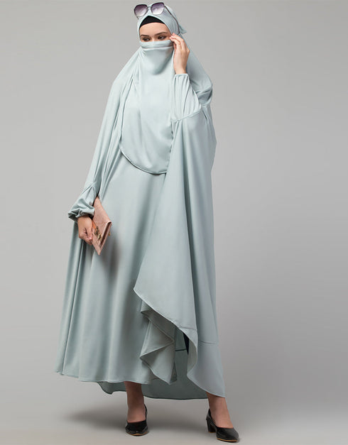 Trendy Sky Blue Extra Nose Piece Head To Toe Free Size Jilbab Prayer hijab for hajj and umrah Close-up View