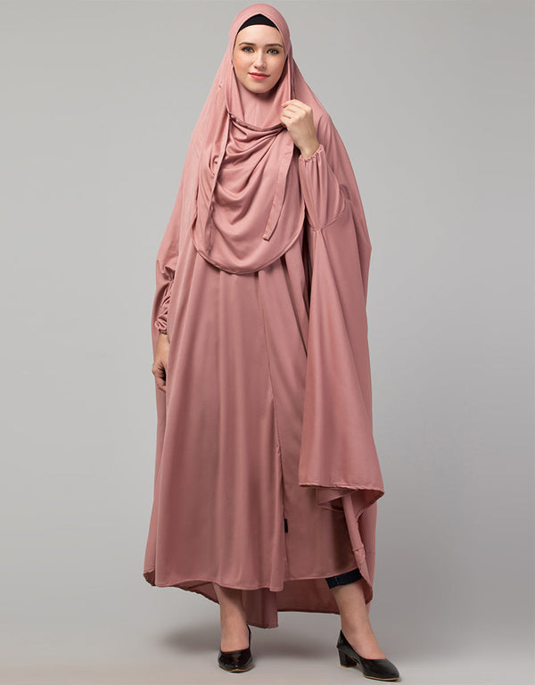 Modern Mouve pink Extra Nose Piece Head To Toe Free Size Jilbab Prayer hijab for hajj and umrah Front View
