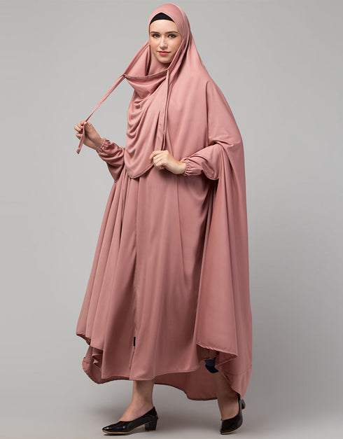 Modern Mouve pink Extra Nose Piece Head To Toe Free Size Jilbab Prayer hijab for hajj and umrah Close-up View