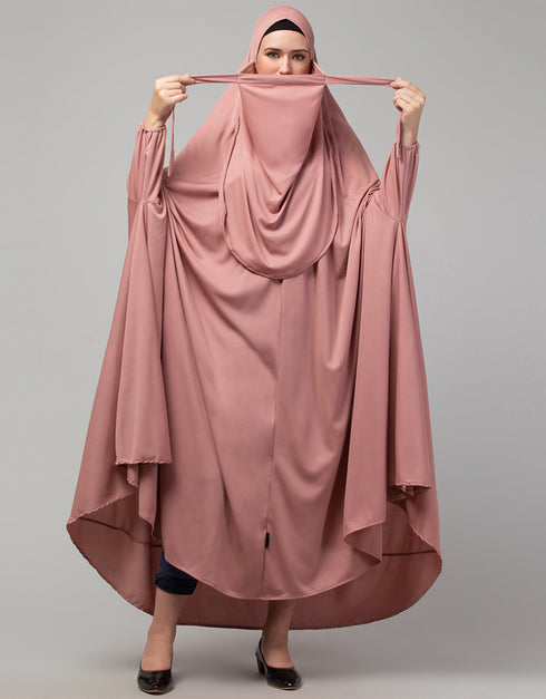 Modern Mouve pink Extra Nose Piece Head To Toe Free Size Jilbab Prayer hijab for hajj and umrah Back View