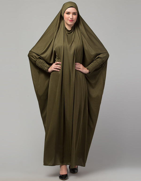 Muslimah Olive Smoking Sleeve Tie at Back Ready To Wear Instant Full Size knits JiIbab Front View