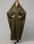 Muslimah Olive Smoking Sleeve Tie at Back Ready To Wear Instant Full Size knits JiIbab Front View