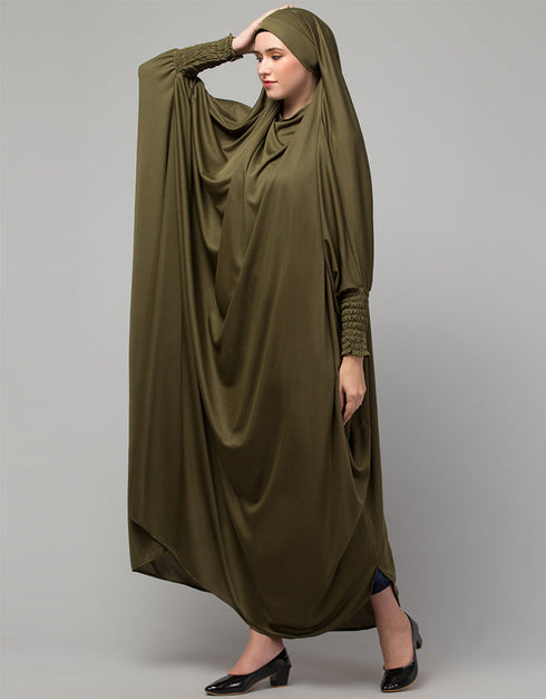Muslimah Olive Smoking Sleeve Tie at Back Ready To Wear Instant Full Size knits JiIbab Close-up View