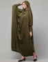Muslimah Olive Smoking Sleeve Tie at Back Ready To Wear Instant Full Size knits JiIbab Close-up View