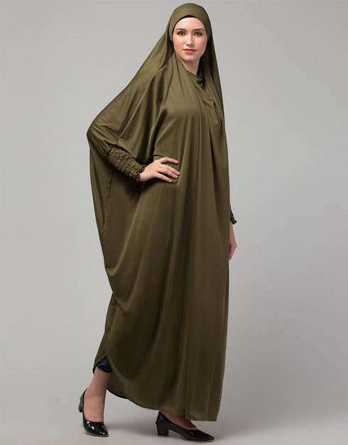 Muslimah Olive Smoking Sleeve Tie at Back Ready To Wear Instant Full Size knits JiIbab Side View