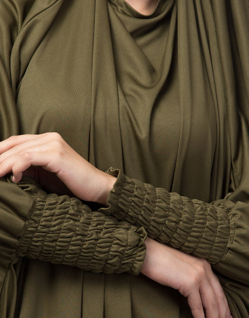 Muslimah Olive Smoking Sleeve Tie at Back Ready To Wear Instant Full Size knits JiIbab Back View