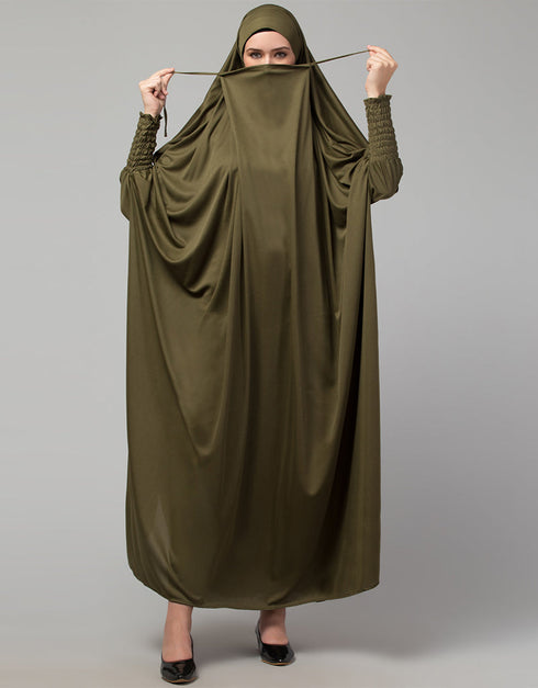 Muslimah Olive Smoking Sleeve Tie at Back Ready To Wear Instant Full Size knits JiIbab Front View