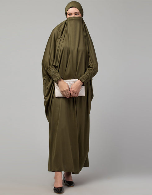 Muslimah Olive Smoking Sleeve Tie at Back Ready To Wear Instant Full Size knits JiIbab Additional Angles