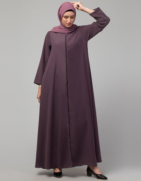 Dubai Front open with Zip Daily wear Basic Abaya In Dusty purple Front View