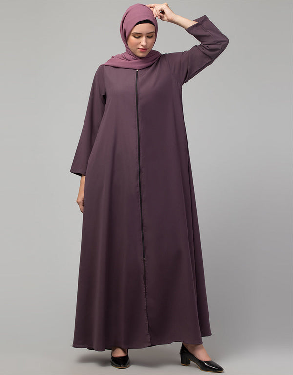 Dubai Front open with Zip Daily wear Basic Abaya In Dusty purple Front View