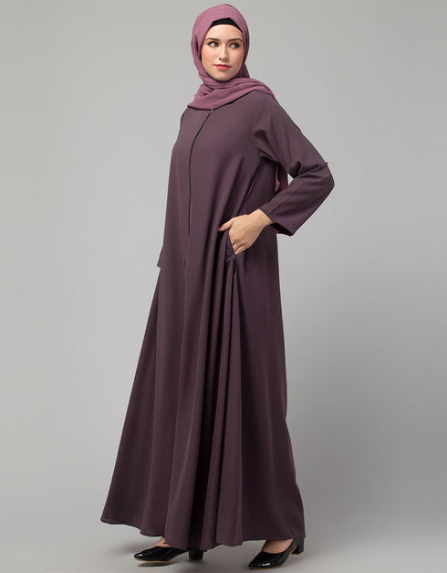 Dubai Front open with Zip Daily wear Basic Abaya In Dusty purple Side View