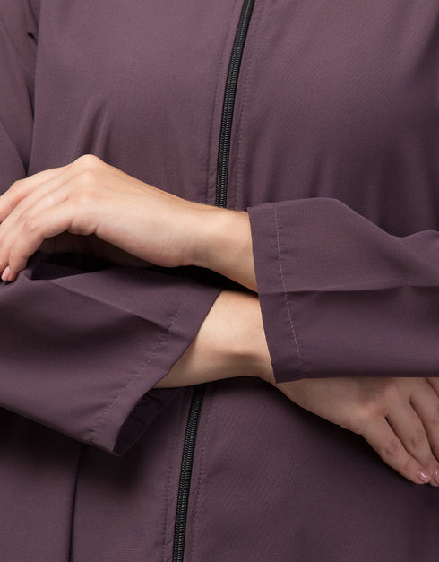 Dubai Front open with Zip Daily wear Basic Abaya In Dusty purple Back View
