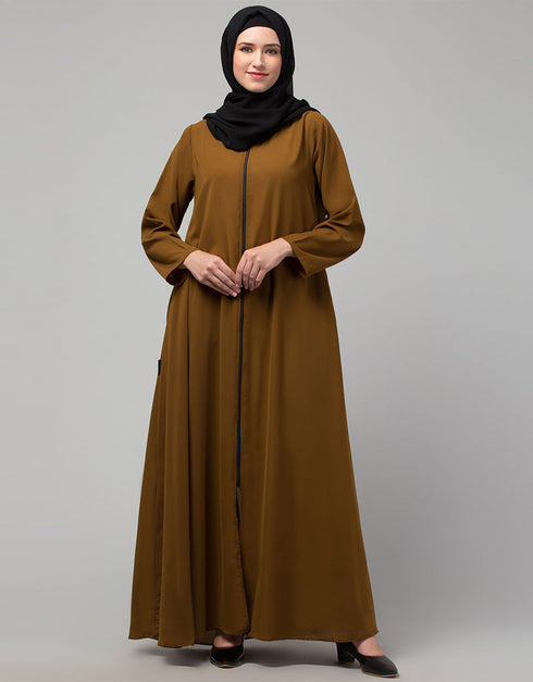 Muslim Front open with Zip Daily wear Basic Abaya In Gold Close-up View