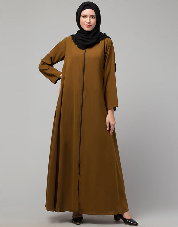 Muslim Front open with Zip Daily wear Basic Abaya In Gold Front View
