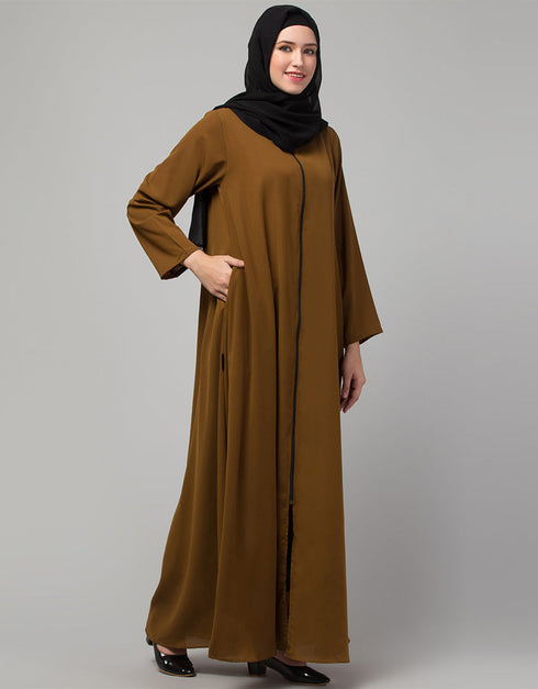 Muslim Front open with Zip Daily wear Basic Abaya In Gold Lifestyle Images