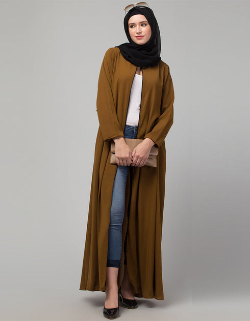 Muslim Front open with Zip Daily wear Basic Abaya In Gold Front View