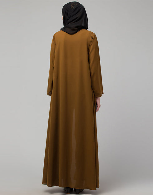 Muslim Front open with Zip Daily wear Basic Abaya In Gold Side View