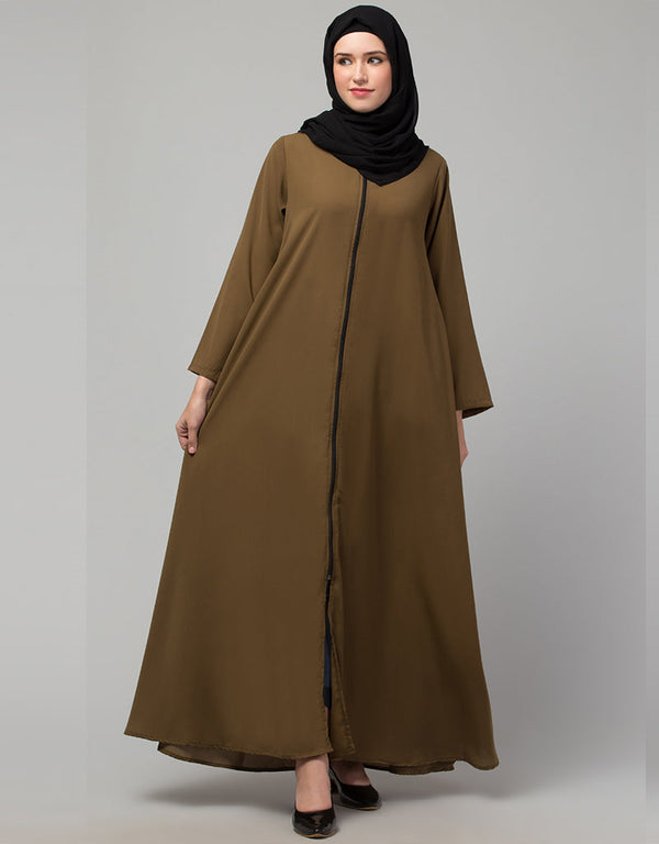 Modest Light Brown Front open with Zip Daily wear Basic Abaya Front View