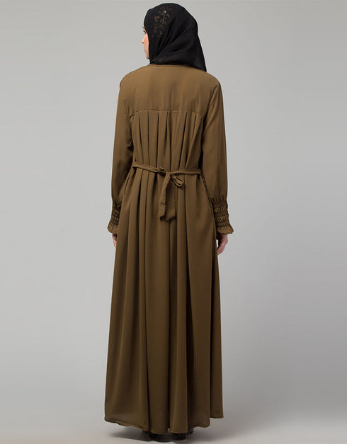 Chic Pleats at chest Smoking Sleeve Casual Abaya In light brown Back View