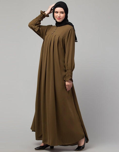 Chic Pleats at chest Smoking Sleeve Casual Abaya In light brown Close-up View