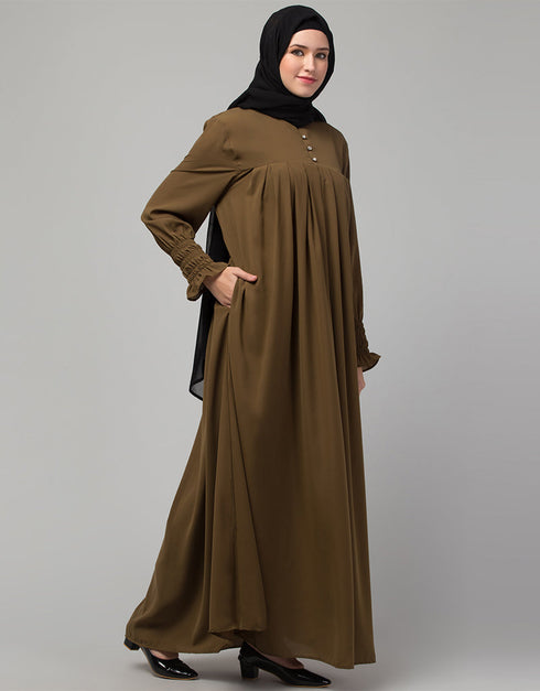 Chic Pleats at chest Smoking Sleeve Casual Abaya In light brown Front View