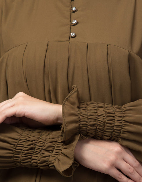 Chic Pleats at chest Smoking Sleeve Casual Abaya In light brown Side View