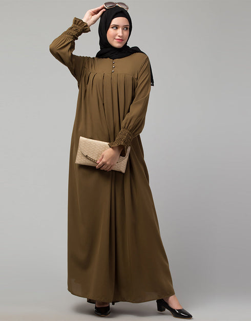 Chic Pleats at chest Smoking Sleeve Casual Abaya In light brown Additional Angles