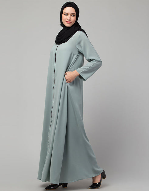 Islamic Sage Front open with Zip Daily wear Basic Abaya Front View