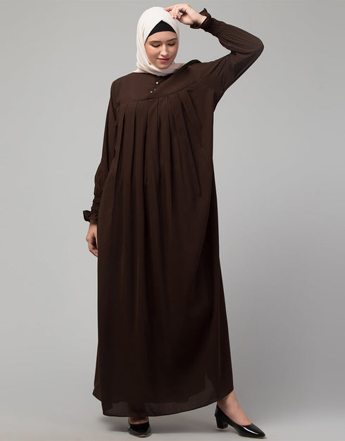 Trendy Pleats at chest Smoking Sleeve Casual Abaya In Brown Lifestyle Images