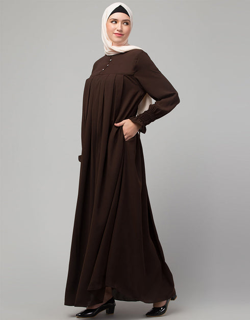 Trendy Pleats at chest Smoking Sleeve Casual Abaya In Brown Back View